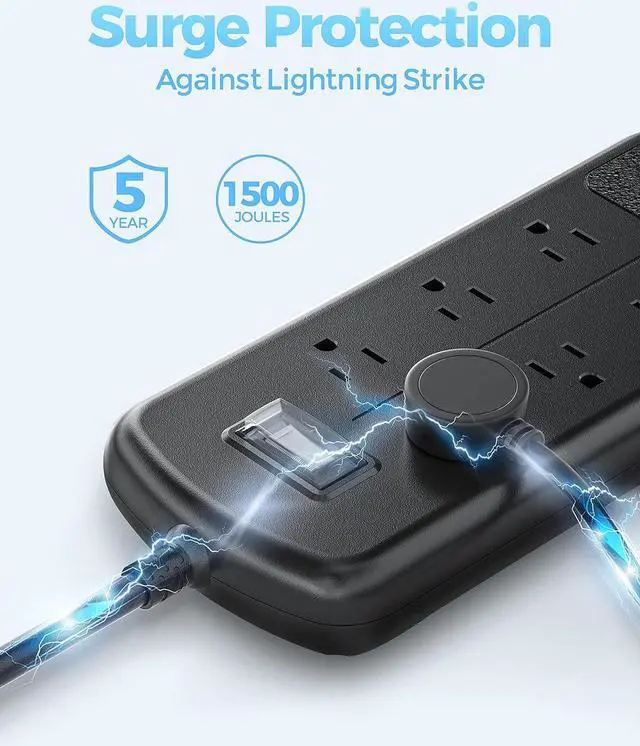 Alt view image 4 of 7 - Surge Protector Power Strip 10ft Long Extension Cord, Indoor Outdoor Waterproof 6 Outlets 3 USB Ports, Wall Mountable, Safe for Desktop Home Office Patio, Dorm Room Essentials, Black