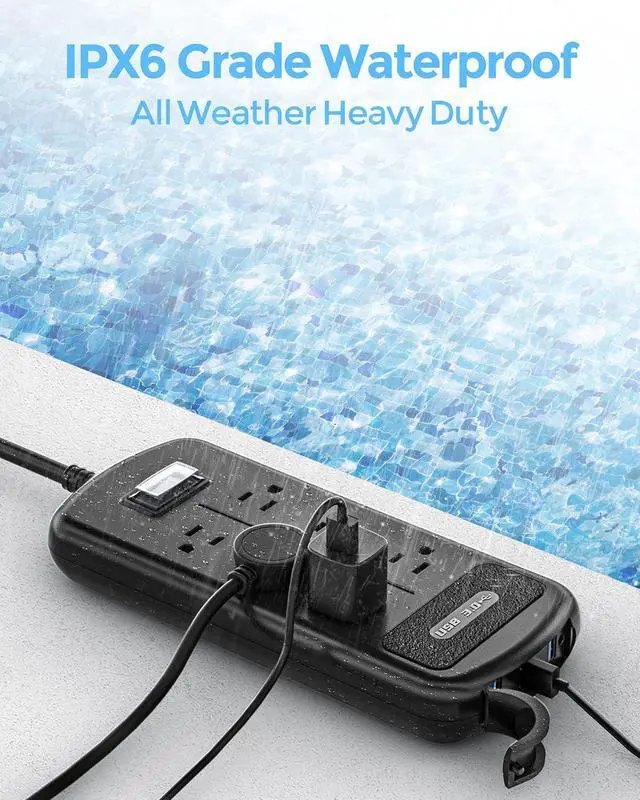 Alt view image 3 of 7 - Surge Protector Power Strip 10ft Long Extension Cord, Indoor Outdoor Waterproof 6 Outlets 3 USB Ports, Wall Mountable, Safe for Desktop Home Office Patio, Dorm Room Essentials, Black