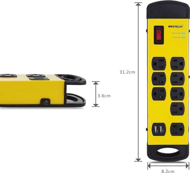 Alt view image 4 of 6 - Oviitech 8 Outlets Mountable Heavy Duty Surge Protector Metal Power Strip with 2 USB Charging Ports(2.4A),1800 Joules with 6 Foot Long Extension Cord, Yellow&Black,ETL Listed