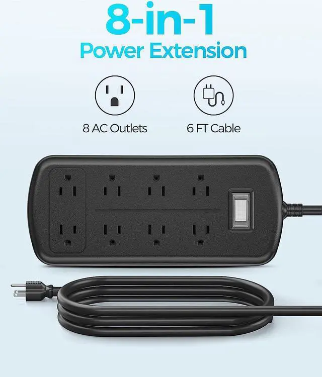 Alt view image 2 of 7 - EIGSO Outdoor Power Strip Weatherproof, IPX6 Grade Waterproof Surge Protector with 8 Wide Outlets, Anti-Electric Shock, 6 FT Heavy Duty Extension Cord for Outdoor Patio Garden, Black