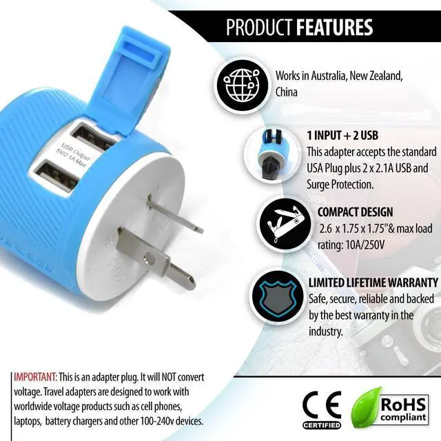 Alt view image 5 of 6 - Orei U2U-16Australia, New Zealand, China Travel Plug Adapter - Dual USB - Surge Protection - Type I, 47*47*66mm