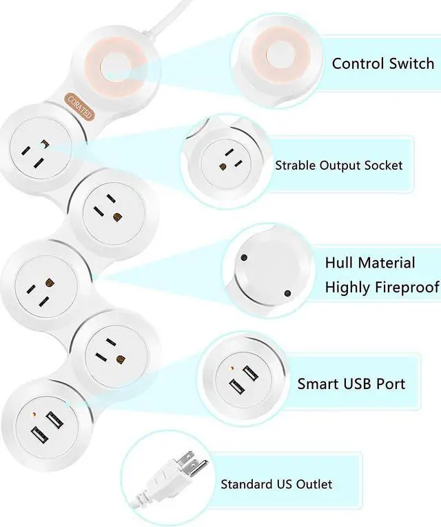 Alt view image 2 of 7 - CORATED Flexible Surge Protector Power Strip with 2 USB Ports and 4 Outlets for Home, Office and Travel (9Ft Long Cord, White)
