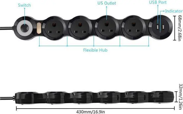 Alt view image 5 of 7 - CORATED Flexible Surge Protector Power Strip with 2 USB Ports and 4 Outlets for Home, Office and Travel (9Ft Long Cord, White)