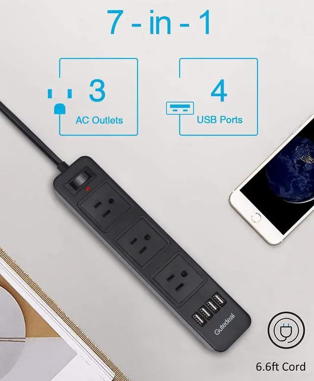 Alt view image 2 of 7 - 2 Prong Power Strip, Surge Protector 2 Prong with 3AC Outlets and 4 USB Charging Ports, 6.6ft 2 Prong to 3 Prong Extension Cord for Home Office