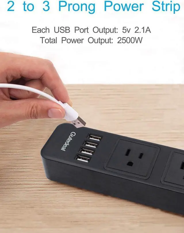 Alt view image 3 of 7 - 2 Prong Power Strip, Surge Protector 2 Prong with 3AC Outlets and 4 USB Charging Ports, 6.6ft 2 Prong to 3 Prong Extension Cord for Home Office