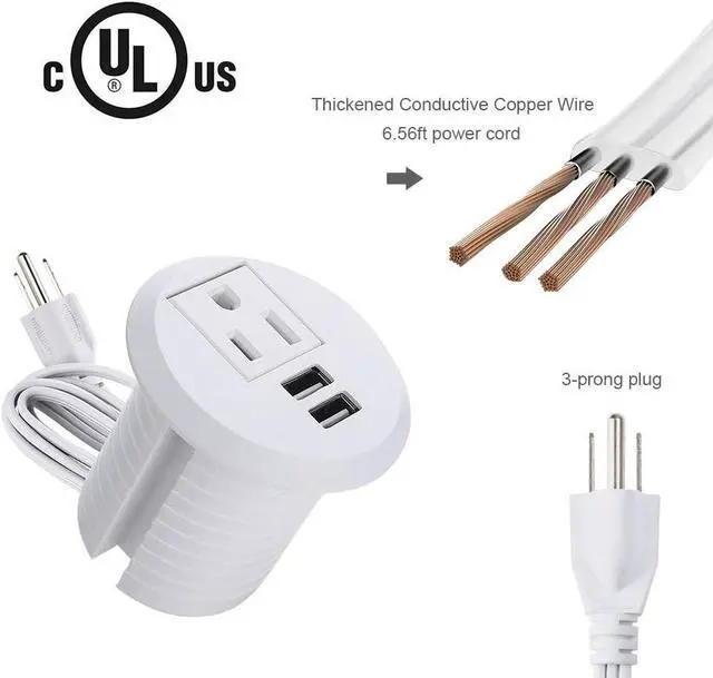 Alt view image 2 of 6 - Maggie Desktop Power Grommet,2inch Hole Table Power Grommet Outlet with 2 USB Charging Ports,6.5ft Extension Cord Desk Power Strip with 1 Outlets for Computer,Table,Kitchen,Office,Home