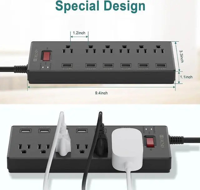 Alt view image 2 of 6 - Power Strip, HITRENDS Surge Protector with 6 AC Outlets & 6 USB Charging Ports, 6 Feet Heavy Duty Extension Cord, 1625W/13A Multiplug for Home Office & Multiple USB Devices - Black