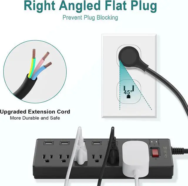 Alt view image 3 of 6 - Power Strip, HITRENDS Surge Protector with 6 AC Outlets & 6 USB Charging Ports, 6 Feet Heavy Duty Extension Cord, 1625W/13A Multiplug for Home Office & Multiple USB Devices - Black