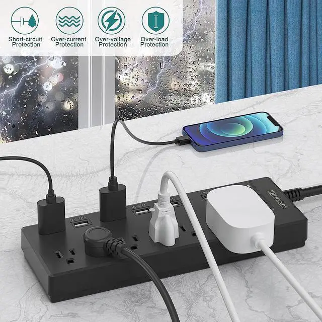 Alt view image 4 of 6 - Power Strip, HITRENDS Surge Protector with 6 AC Outlets & 6 USB Charging Ports, 6 Feet Heavy Duty Extension Cord, 1625W/13A Multiplug for Home Office & Multiple USB Devices - Black