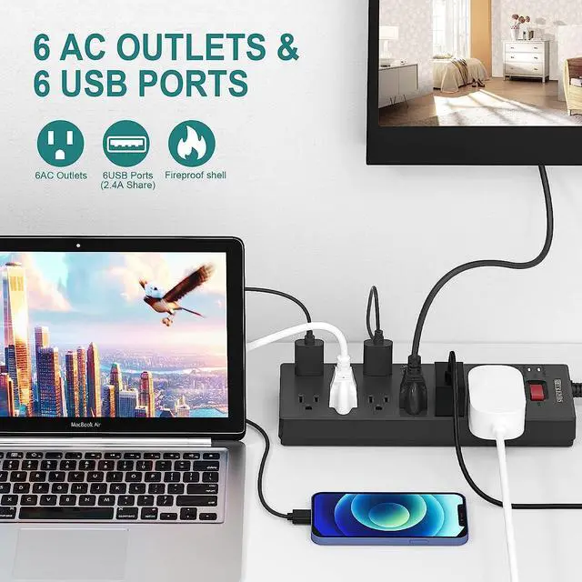 Alt view image 5 of 6 - Power Strip, HITRENDS Surge Protector with 6 AC Outlets & 6 USB Charging Ports, 6 Feet Heavy Duty Extension Cord, 1625W/13A Multiplug for Home Office & Multiple USB Devices - Black