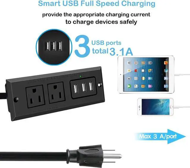 Alt view image 2 of 7 - Furniture Recessed Power Strip, Recessed Desk Outlet with 3.1A Max USB, in Conference Desk Recessed Power Outlets Socket, Desktop Power Grommet with 6.56ft Power Cord Black