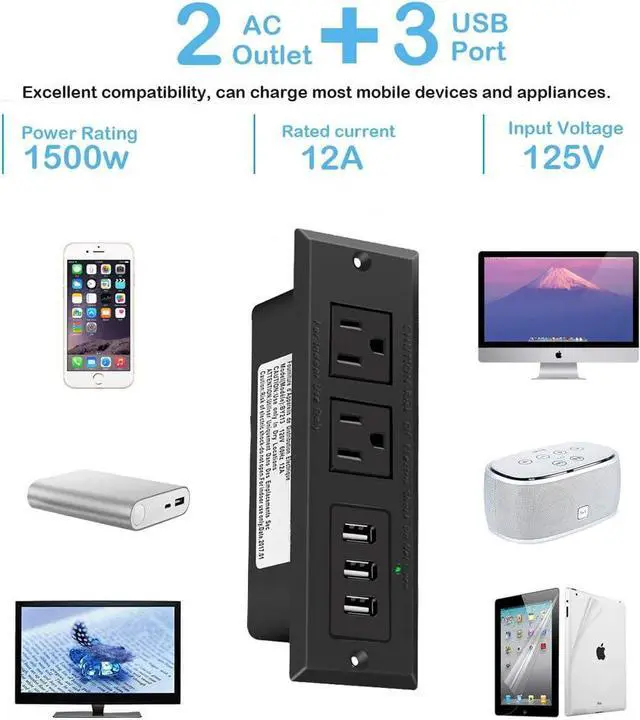 Alt view image 3 of 7 - Furniture Recessed Power Strip, Recessed Desk Outlet with 3.1A Max USB, in Conference Desk Recessed Power Outlets Socket, Desktop Power Grommet with 6.56ft Power Cord Black