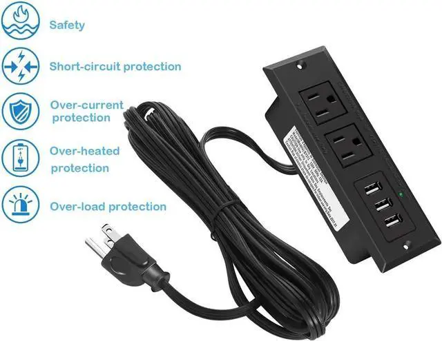 Alt view image 4 of 7 - Furniture Recessed Power Strip, Recessed Desk Outlet with 3.1A Max USB, in Conference Desk Recessed Power Outlets Socket, Desktop Power Grommet with 6.56ft Power Cord Black