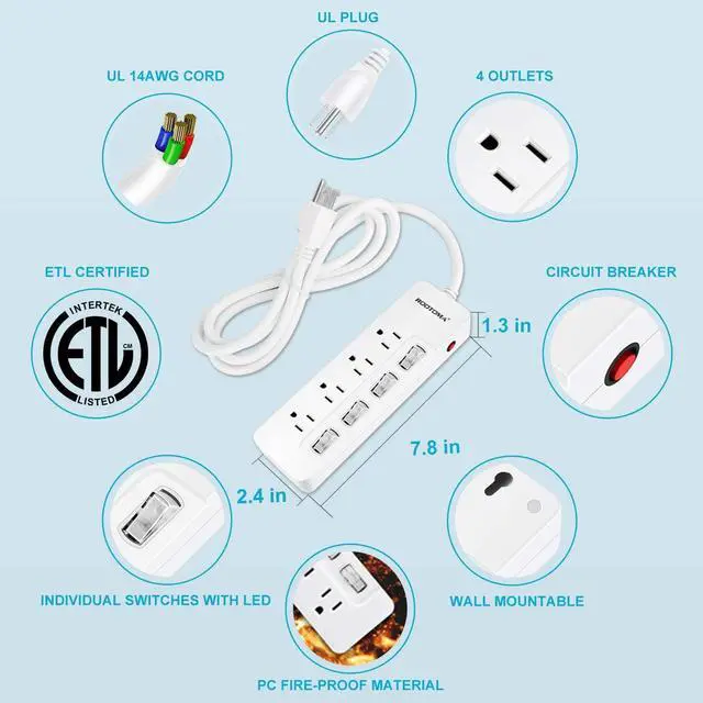Alt view image 5 of 7 - Appliance Extension Cord with Individual Switches on Off - 6 FT, 14 Gauge Heavy Duty Extension Cord with 4 AC Outlets, Wall Mountable, High Wattage for Microwave Workbench Garage Must Have, ETL Listed