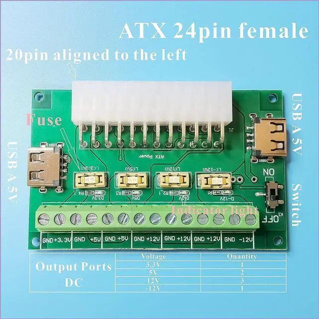 Alt view image 2 of 5 - PSU Breakout Board ATX Power Supply DC 12V 5V 3.3V Splitter Module Desktop Adapter to USB A Hub Connector Computer Power Source Multi Port Output DIY Parent Child Electronic Kit with High Current Fuse