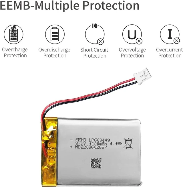 Alt view image 5 of 7 - EEMB 4PACK Lipo Battery 3.7V 1100mAh 603449 Rechargeable Wire JST 2.0mm