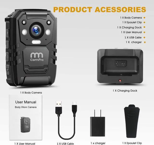 Alt view image 6 of 6 - CammPro 1440P Police Body Camera,128G Memory,Waterproof Body Worn Camera,Premium Portable Body Camera with Audio Recording Wearable,Night Vision,GPS for Law Enforcement