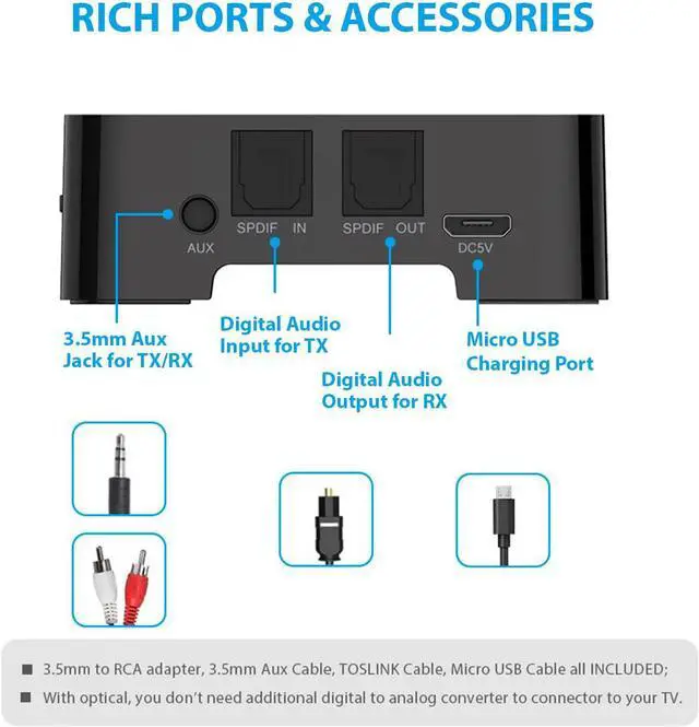 Alt view image 3 of 6 - TROND TV Bluetooth V5.0 Transmitter and Receiver - Digital Optical TOSLINK and 3.5mm Wireless Audio Adapter (AptX Low Latency for Both TX and RX, Pair with 2 Devices Simultaneously)