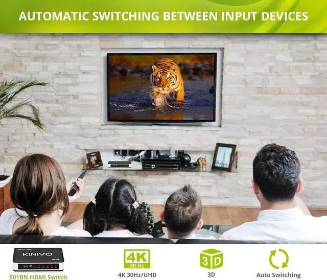 Alt view image 2 of 7 - Kinivo HDMI Switch 4K HDR, (5 Port, 4K 30Hz, Auto-Switching, IR Wireless Remote)