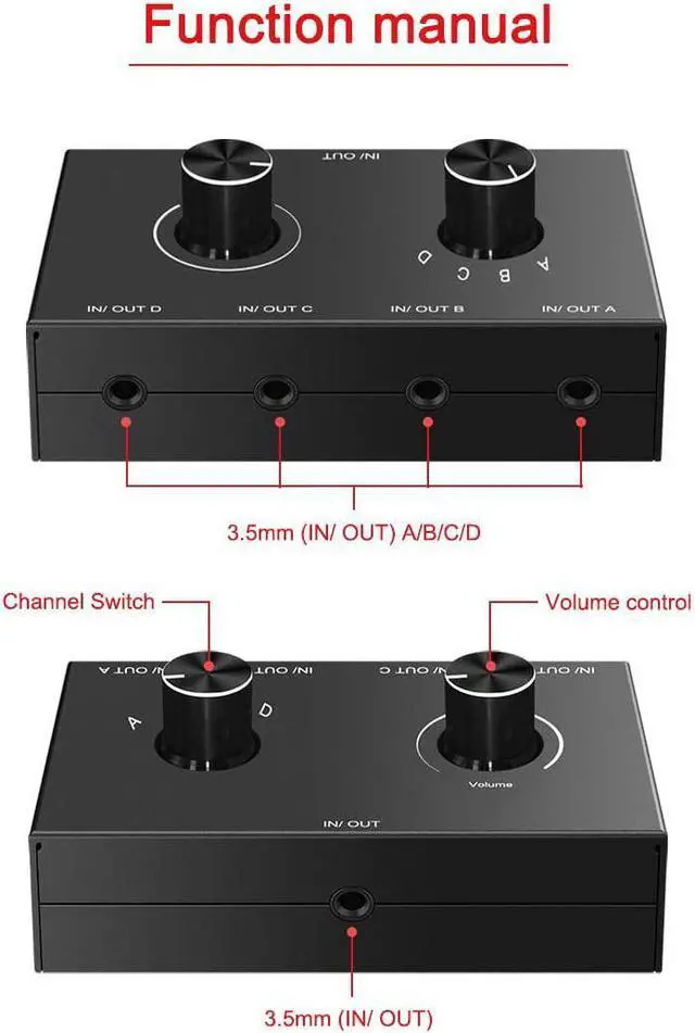 Alt view image 2 of 7 - 4 Port Audio Switch, 3.5mm Audio Switcher, Stereo AUX Audio Selector, 4 Input 1 Output / 1 Input 4 Output Audio Splitter Switcher, Audio Switcher Box, 4 channel switch knob, No External Power Required