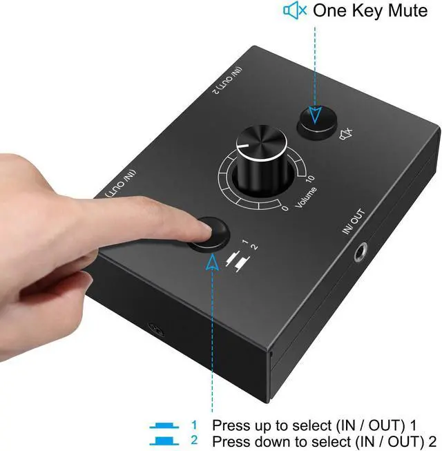 Alt view image 3 of 6 - 3.5mm Audio Switcher, 2 Input 1 Output / 1 Input 2 Output Audio Splitter Switcher, Audio Switcher Box, One-Key Mute Button, No External Power Required