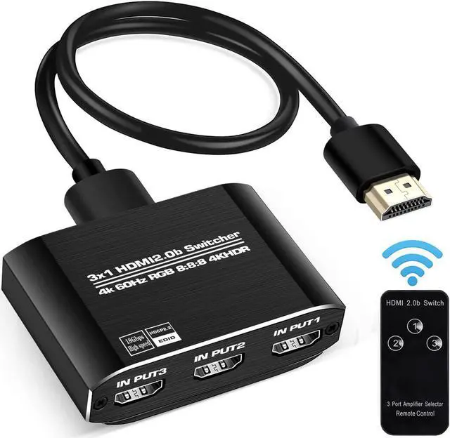 Main image of NEWCARE HDMI 2.0b Switch 3 in 1 Out with High Speed 3.9 FT HDMI Cable, 3x1 HDMI Selector Switch with Remote,Support UHD 4K@60Hz Ultra HD 3D 1080P, HDCP 2.2 HDR,18.5Gbps HDMI Switcher