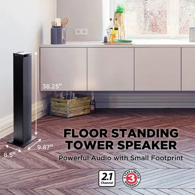 Alt view image 2 of 7 - GOgroove Bluetooth Tower Speaker with Subwoofer Built in - Floorstanding Home Speaker with Powerful Bass and Dual Drivers, 120W Peak Power, MP3 3.5mm Aux, USB 2.0 Port Flash Drive, FM Radio (Single)