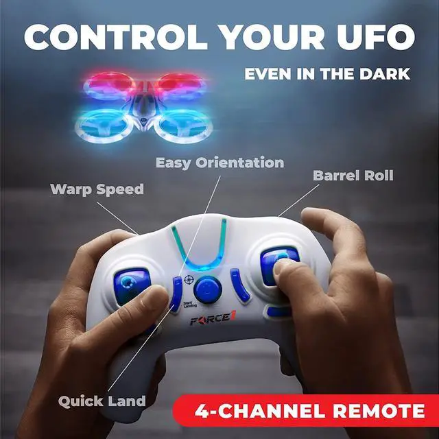 Alt view image 5 of 6 - Force1 UFO 4000 Mini Drone for Kids - LED Remote Control Drone, Small RC Quadcopter for Beginners, 2.4GHz Remote Control, 360 Flips, 2 Speed UFO Drone, 2 RC Drone Toy Batteries, Flying Drones for Kids