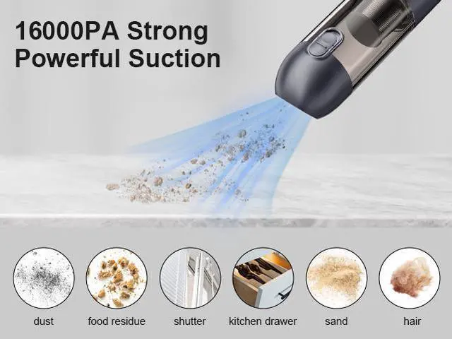 Alt view image 3 of 5 - Car Vacuum Cleaner High Power Cordless Rechargeable 16000 Pa Powerful Suction, Mini Vacuum with Blower, Portable Vacuum Cleaner for Car with LED and SOS Light-Gray