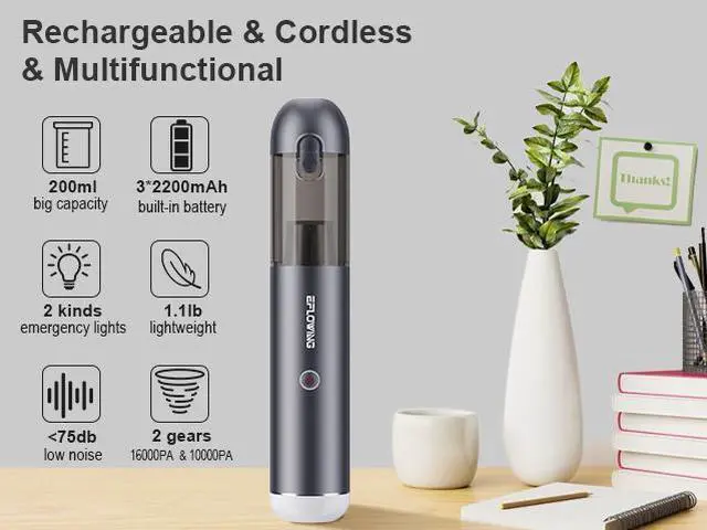 Alt view image 4 of 5 - Car Vacuum Cleaner High Power Cordless Rechargeable 16000 Pa Powerful Suction, Mini Vacuum with Blower, Portable Vacuum Cleaner for Car with LED and SOS Light-Gray