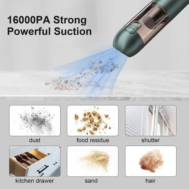 Alt view image 4 of 6 - Car Vacuum Cleaner High Power Cordless Rechargeable 16000 Pa Powerful Suction, Mini Vacuum with Blower, Portable Vacuum Cleaner for Car with LED and SOS Light-Green