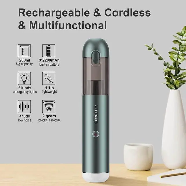 Alt view image 3 of 6 - Car Vacuum Cleaner High Power Cordless Rechargeable 16000 Pa Powerful Suction, Mini Vacuum with Blower, Portable Vacuum Cleaner for Car with LED and SOS Light-Green