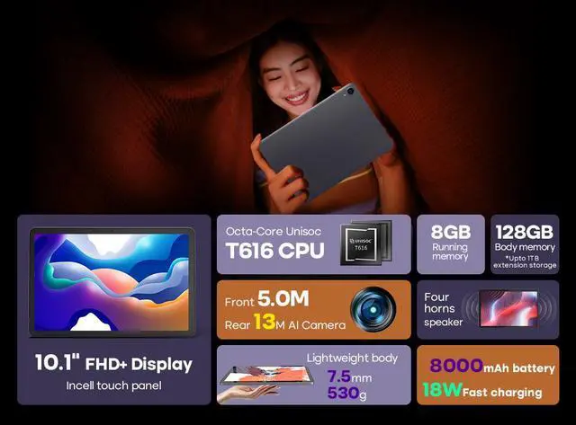 Alt view image 6 of 7 - Ninkear T10 Tablet 10.1-inch Full HD IPS 1920 * 1200P 8GB + 128GB 18 watt PD fast charging 8000MAh battery Android 12 Tablet