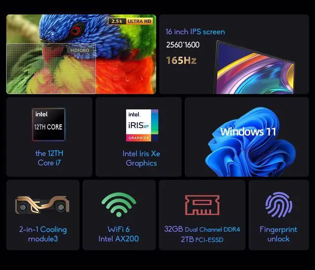 Alt view image 2 of 7 - Ninkear Laptop N16 Pro 16 inch 2.5K 165Hz Intel Core i7-1260P WiFi 6 32GB RAM+2TB SSD Office Computer Laptop Windows 11 Notebook 32 GB 2TB