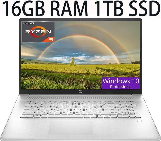 Main image of HP 17 Thin and Light Laptop, AMD Ryzen 5 5500U Processor 6-Core, AMD Radeon Graphics, 16GB DDR4  1TB PCIe SSD, 17.3" diagonal FHD (1920 x 1080) IPS, anti-glare Display, Bluetooth, Windows 10 Pro