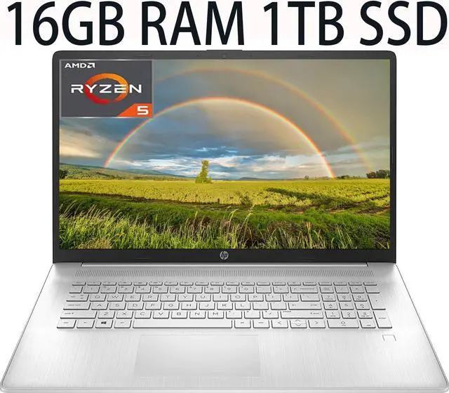 Main image of HP 17 Thin and Light Laptop, AMD Ryzen 5 5500U Processor 6-Core, AMD Radeon Graphics, 16GB DDR4  1TB PCIe SSD, 17.3" diagonal FHD (1920 x 1080) IPS, anti-glare Display, Bluetooth, Windows 11