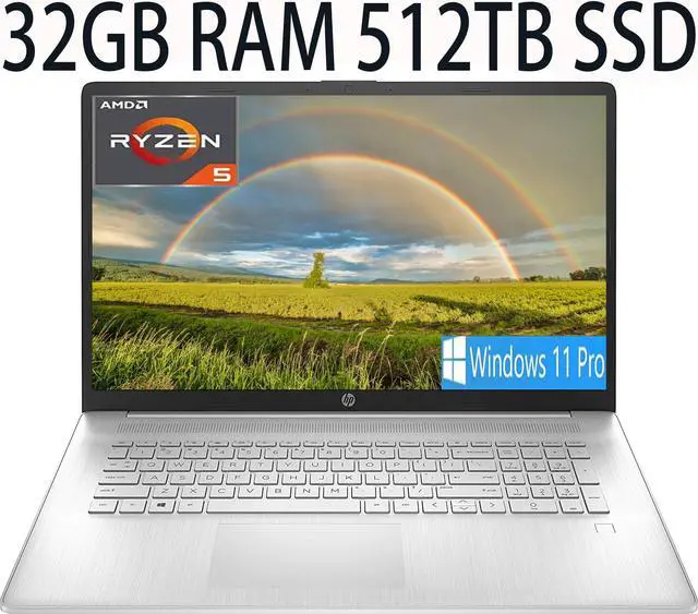 Main image of HP 17 Thin and Light Laptop, AMD Ryzen 5 5500U Processor 6-Core, AMD Radeon Graphics, 32GB DDR4  512GB PCIe SSD, 17.3" diagonal FHD (1920 x 1080) IPS, anti-glare Display, Bluetooth, Windows 11 Pro
