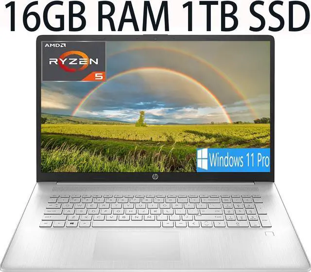 Main image of HP 17 Thin and Light Laptop, AMD Ryzen 5 5500U Processor 6-Core, AMD Radeon Graphics, 16GB DDR4  1TB PCIe SSD, 17.3" diagonal FHD (1920 x 1080) IPS, anti-glare Display, Bluetooth, Windows 11 Pro