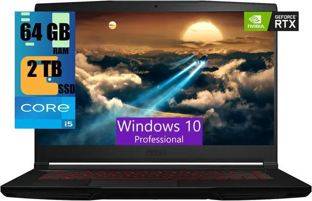 Main image of MSI Thin GF63 15 Gaming Laptop, 15.6" FHD 144Hz, Intel Core i5-12450H 10 cores Up to 4.7 GHz Processor, NVIDIA GeForce RTX 2050 4 GB, 64GB DDR4  2TB PCIe SSD, Cooler Boost 5, Windows 10 Pro