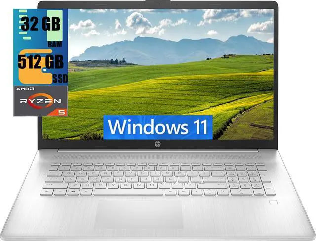 Main image of HP 17 Laptop, 17.3" FHD (1920 x 1080) Display, AMD Ryzen 5 5500U 6-Core up to 4.0GHz Processor, AMD Radeon Graphics, 32GB DDR4  512GB PCIe SSD, Fingerprint, Webcam, WiFi, Windows 11