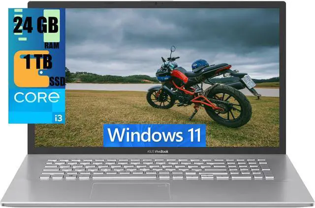 Main image of ASUS Vivobook 17 Laptop, 17.3" FHD (1920x1080) Display, Intel 10 Core i3-1220P (Beats i7-1195G7), Intel UHD Graphics, 24GB DDR4  1TB PCIe SSD, Fingerprint Reader, Silver, Windows 11