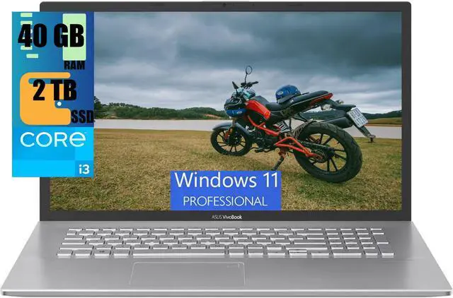 Main image of ASUS Vivobook 17 Laptop, 17.3" FHD (1920x1080) Display, Intel 10 Core i3-1220P (Beats i7-1195G7), Intel UHD Graphics, 40GB DDR4  2TB PCIe SSD, Fingerprint Reader, Silver, Windows 11 Pro