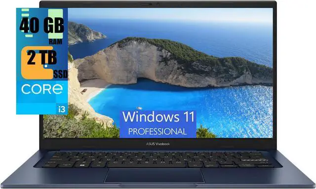 Main image of ASUS VivoBook 14 Laptop, 14" FHD (1920 x 1080) Display, Intel core i3-1215U 6 Cores Processor, Intel UHD Graphics, 40GB DDR4  2TB PCIe SSD, Wi-Fi 6, HDMI, Webcam, Touchpad, Windows 11 Pro