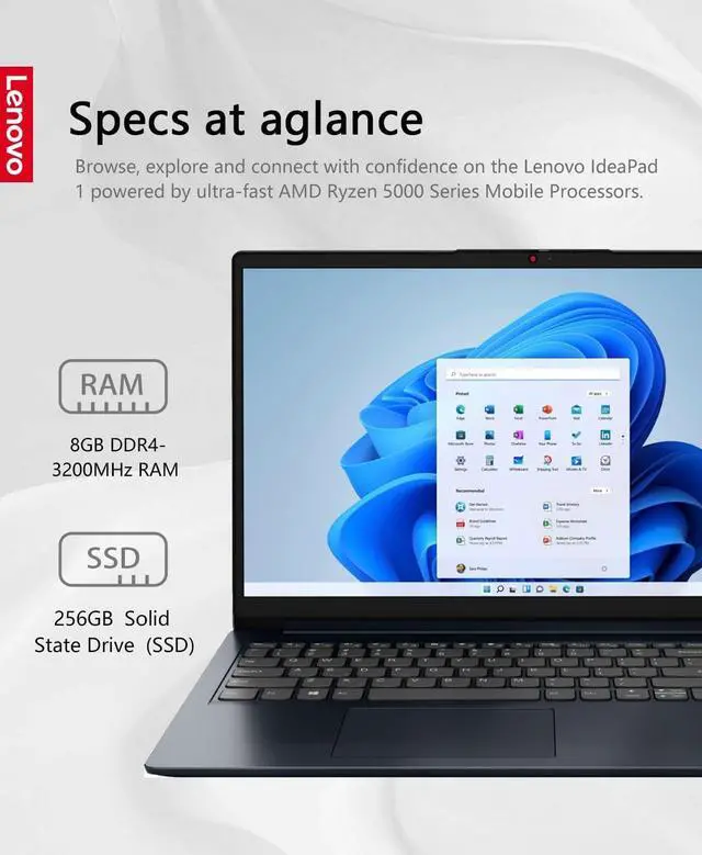 Alt view image 4 of 7 - Lenovo Ideapad 1 15 Laptop, 15.6" FHD Touchscreen, AMD Ryzen 5 7520U Quad Core Processor, AMD Radeon Graphics, 8GB  DDR4  256GB  PCIe SSD, WiFi 6, BT 5.1, Webcam, SD Reader, Windows 11 Home