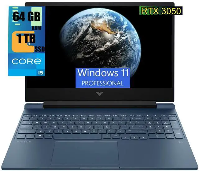 Main image of HP Victus 15 Gaming Laptop, 15.6" FHD 144Hz Display, Intel Core i5-12450H 8 Cores Processor, NVIDIA GeForce RTX 3050 4 GB GDDR6, 64GB DDR4  1TB PCIe SSD, Backlit Keyboard, Wi-Fi 6, Windows 11 Pro