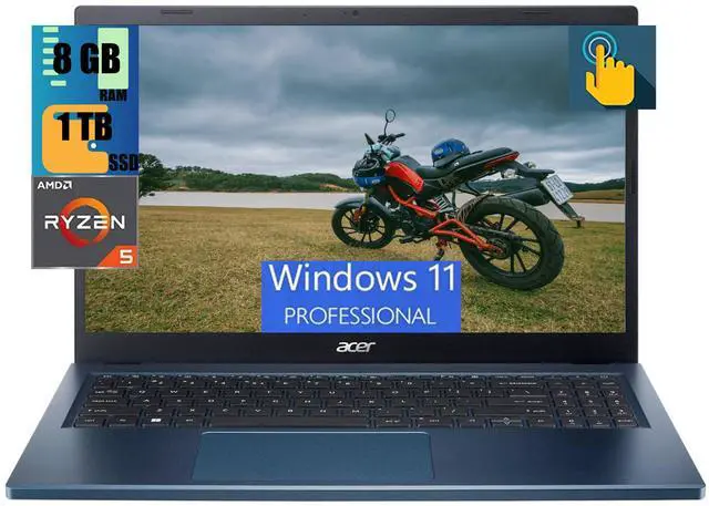 Main image of Acer Aspire 3 15 Laptop, 15.6" FHD (1920 x 1080) Touchscreen, AMD Ryzen 5 7520U 4 Cores Processor, AMD Radeon Graphics, 8GB DDR4  1TB PCIe SSD, Wi-Fi 6, Windows 11 Pro