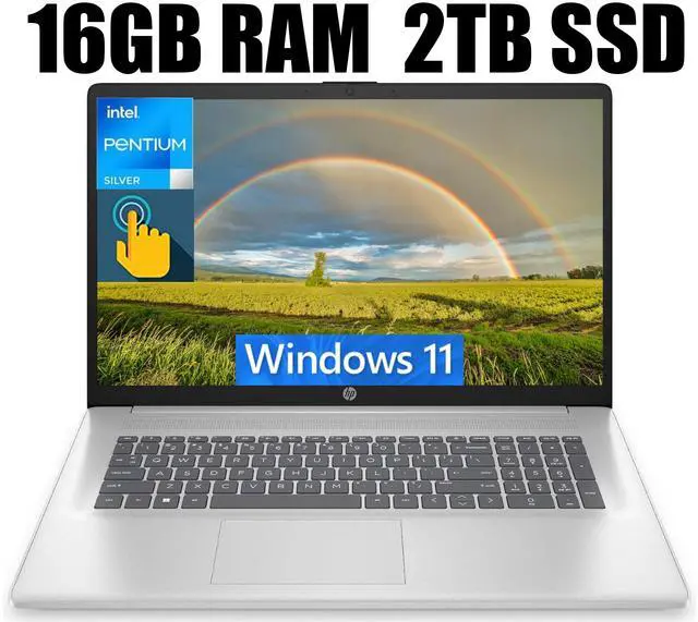 Main image of HP 17 Laptop, 17.3" HD+ (1600 x 900) Touchscreen, Intel Pentium Silver N5030 4 cores Processor, Intel UHD Graphics, 16GB DDR4  2TB PCIe SSD, 802.11AC WiFi, Bluetooth 5.0, Windows 11