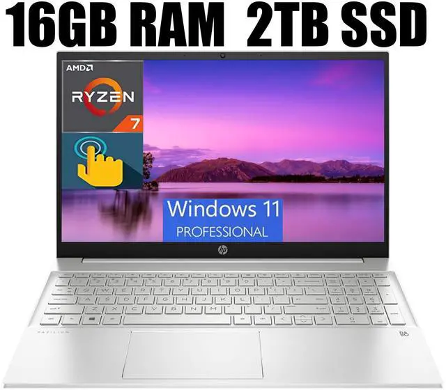 Main image of HP Pavilion 15 Laptop, 15.6" Full HD Touchscreen, AMD Ryzen 7 5825U 8 Cores Processor, AMD Radeon Graphics, 16GB DDR4  2TB PCIe SSD, Backlit Keyboard, Wi-Fi 6, HDMI, Bluetooth, Windows 11 Pro