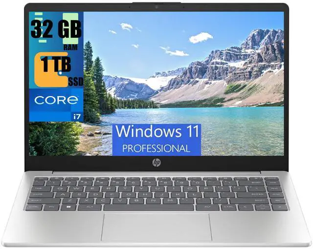 Main image of HP 14 Laptop, 14.0" Full HD (1920x1080) Display, Intel Core i7-1355U 10-Cores Processor, Intel Iris Xe Graphics, 32GB DDR4  1TB PCIe SSD, Backlit Keyboard, WiFi 6, Bluetooth, Windows 11 Pro