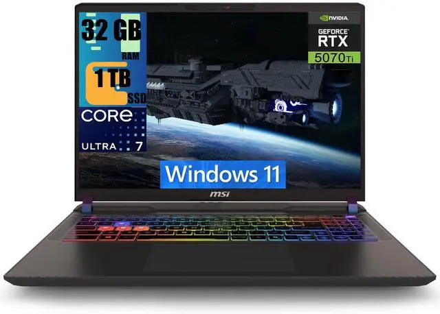Main image of MSI Vector 16 HX AI Gaming Laptop, 16" QHD+ 240Hz Display, Intel Ultra 7 255HX 20 cores Processor, Geforce RTX 5070 Ti 12GB GDDR7, 32GB DDR5  1TB PCIe SSD, RGB Backlit Thunderbolt5, Windows 11